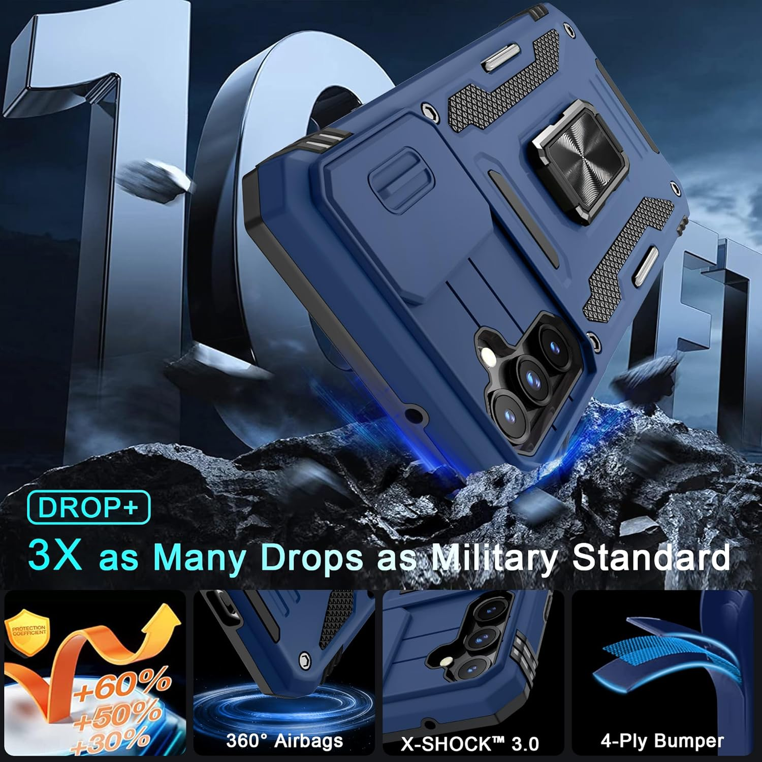 DEERLAMN Case for Samsung Galaxy S23 FE 6.4-Inch with Slide Camera Cover+Screen Protector(1 Pack),Rotated Ring Kickstand Military Grade Shockproof Protective Cover-Navy Blue image number 6