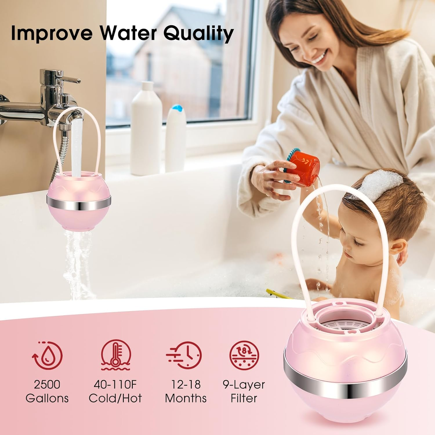 Bath Water Filter for Tub,Hardwater Softener for Tub to Remove Lead,Chlorine and Fluoride,Bpa Free Showerhead Filter Purify Your Bathwater for Healthier Skin and Hair - Light Pink image number 2