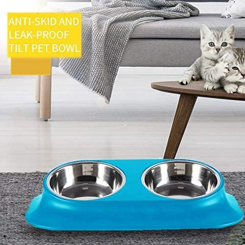 Raised Cat Bowl Pet Bowl,Stainless Steel Elevated Small Dog Bowls,15&deg;Tilted Whisker Reliefs Fatigue Free Stress anti Vomiting Cat Food Water Bowls,Non Slip Cat Feeding Bowls (Double Bowl/Blue) - Blue image number 2