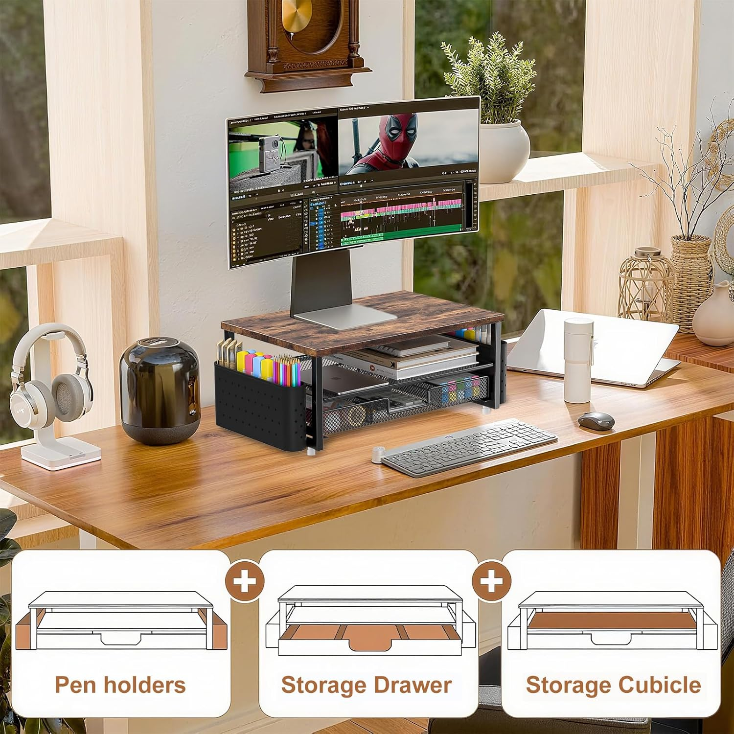 2 Tier Monitor Stand, 16 Inches Monitor Stand Riser with Drawer & 2 Pen Holders, Wooden Desktop Monitor Stand for Tv/Screen/Computer/Laptop