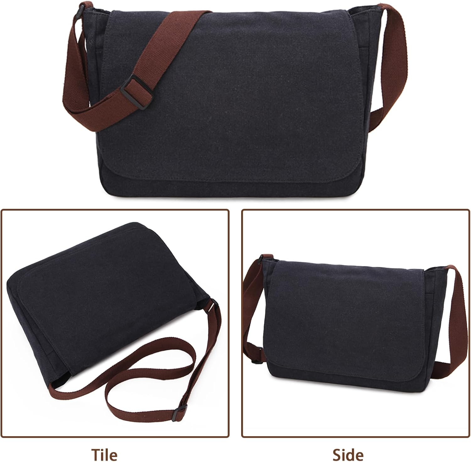 Lizbin Messenger Bag, Classic Vintage Messenger Bags, Canvas Messenger Bag, Shoulder Bag Crossbody Bag, Small Messenger Bag for Men Women, Crossbody Shoulder Bag Casual Work Bag (Black) image number 5