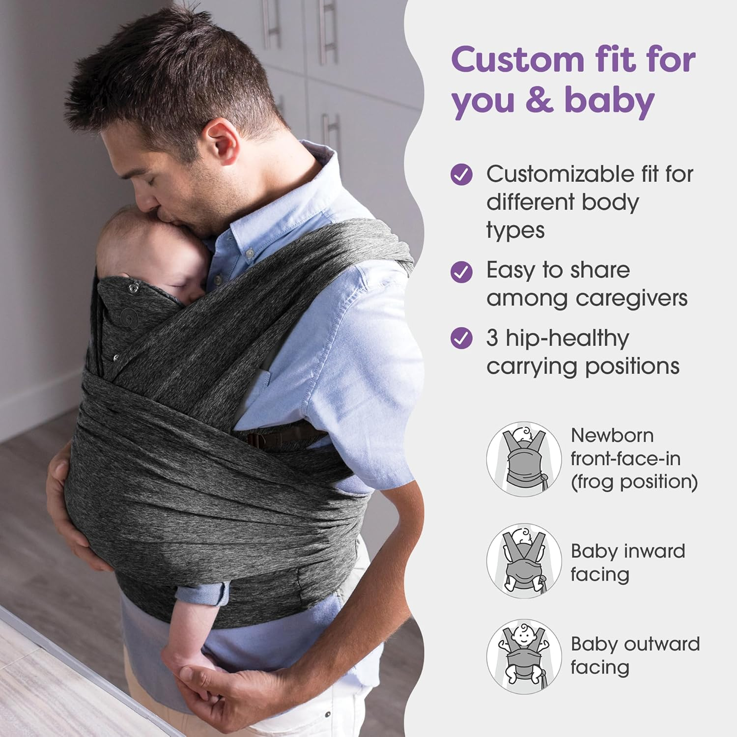 Boppy Baby Carrier - Adjustable Comfyfit, Heathered Gray, Hybrid Wrap with New Adjustable Arm Straps to Fit More Bodies, 3 Carrying Positions, 0M+ 8-35Lbs, Soft Yoga-Inspired Fabric with Storage Pouch image number 3