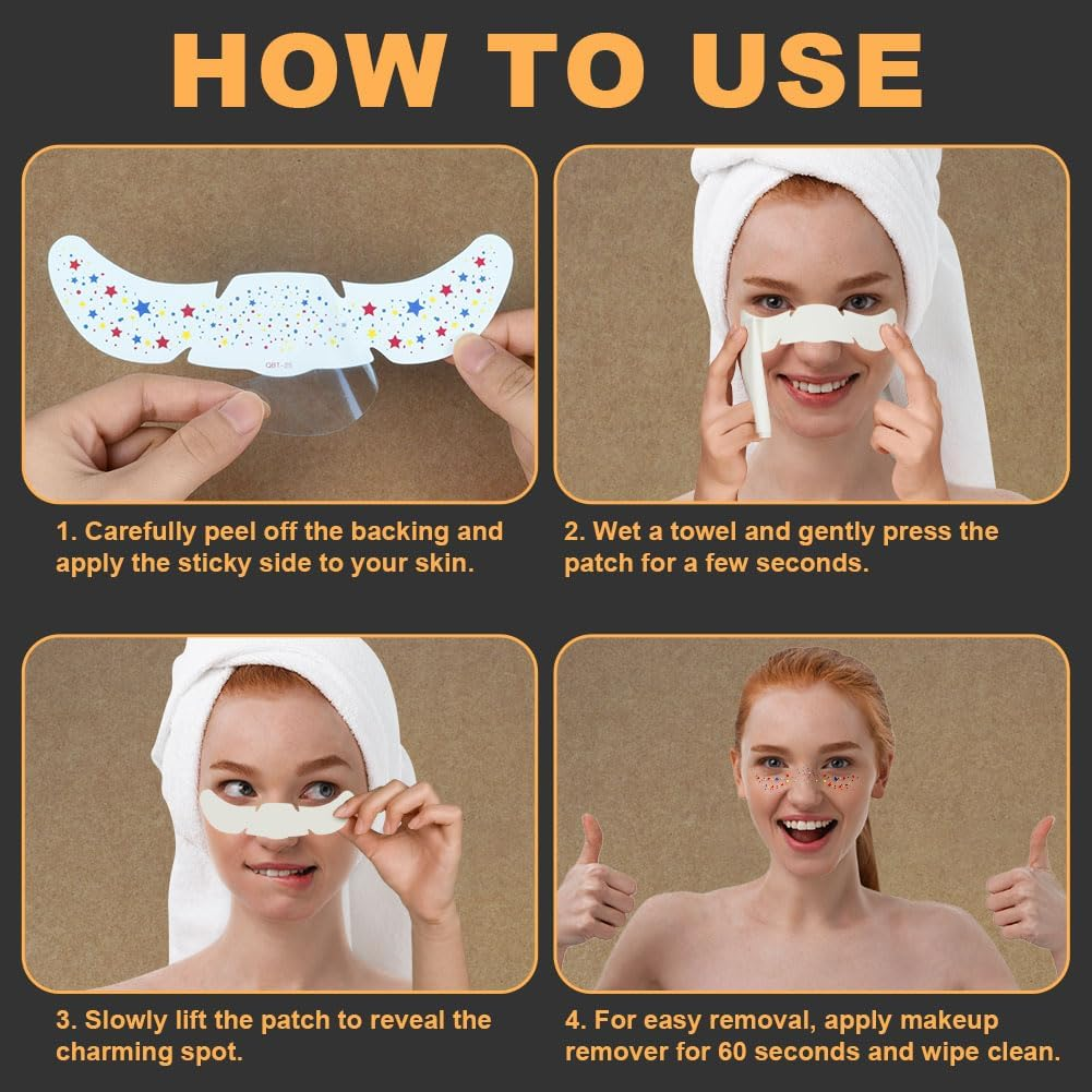 LOPHE Temporary Freckles Tattoos, 12PCS Freckles Glitter Temporary Tattoos Anti-Hearing Waterproof Tattoos Colorful Stars Dots for Carnival Shows Party Festival image number 5