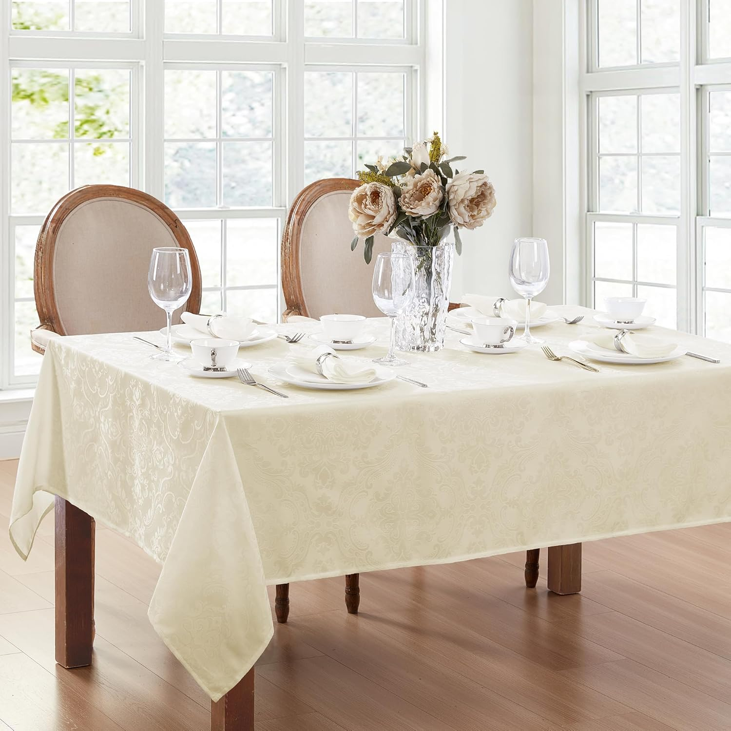 Elrene Home Fashions Caiden Elegance Damask Tablecloth, 60" X 84" Oval, Ivory