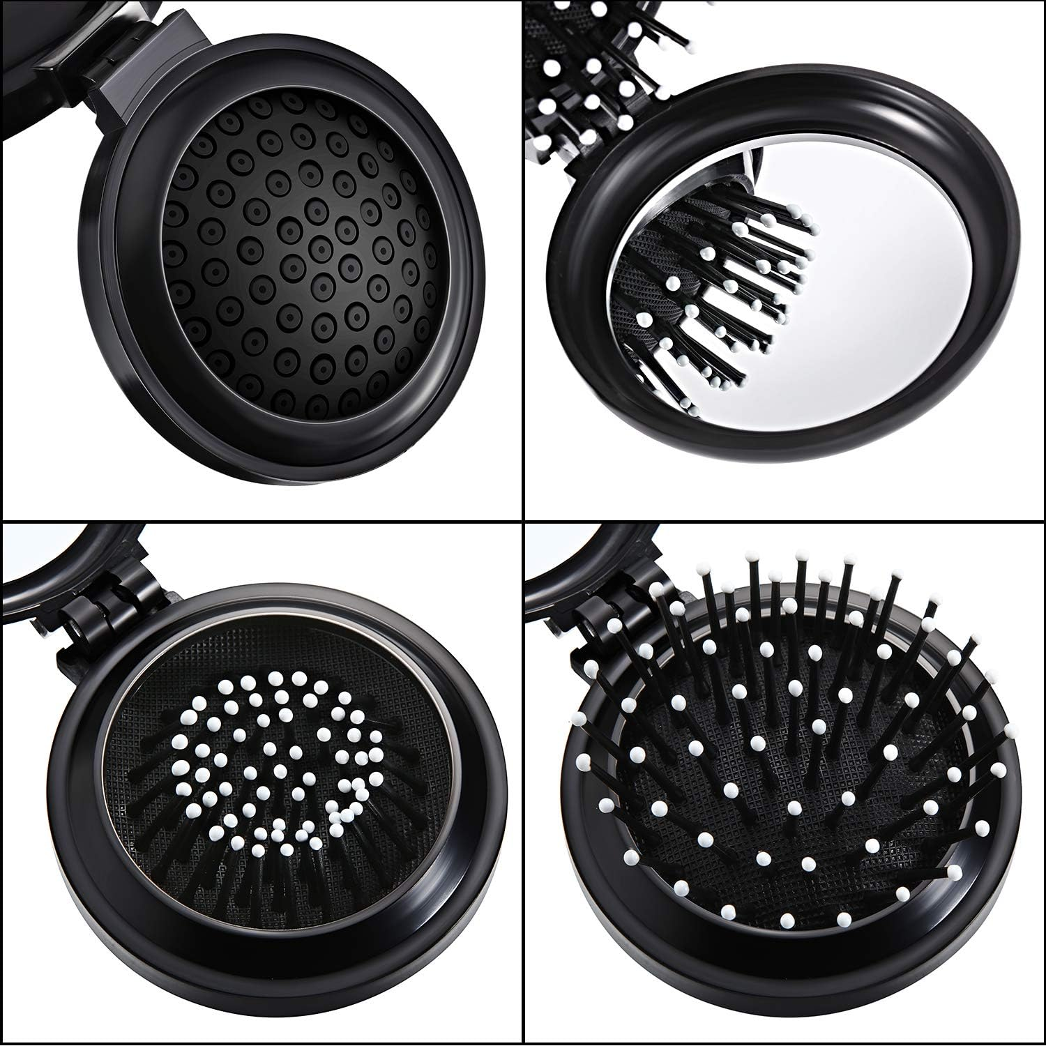 Boao 2 Pack Foldable Travel Mirror Hair Brushes round Portable Folding Pocket Hair Brush Mini Comb Compact Travel Size Massage Comb for Men Women(Black) image number 6