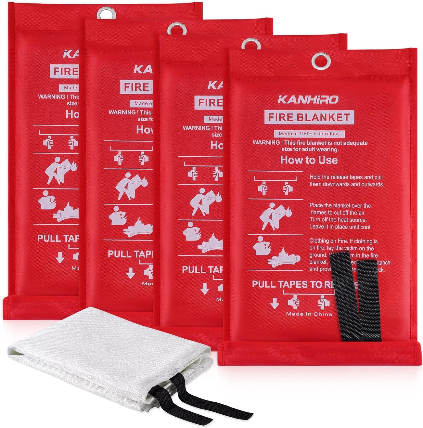 Emergency Fire Blanket for Home Kitchen - KANHIRO Fiberglass Fire Suppression Blanket Great for School, Fireplace, Grill, Car, Office, Warehouse (4 Pack, 1M X 1M) image number 6