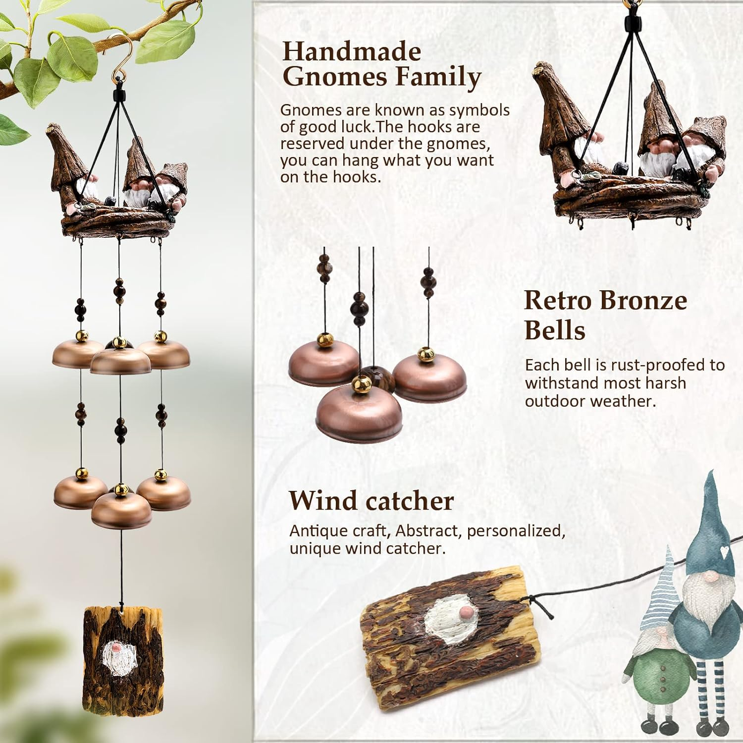 Gnome Wind Chimes for outside with 6 Larger Bells - Item for Mom, Dad, Daughter, Women - Outdoor Decor for Patio, Porch, Garden, Backyard image number 5
