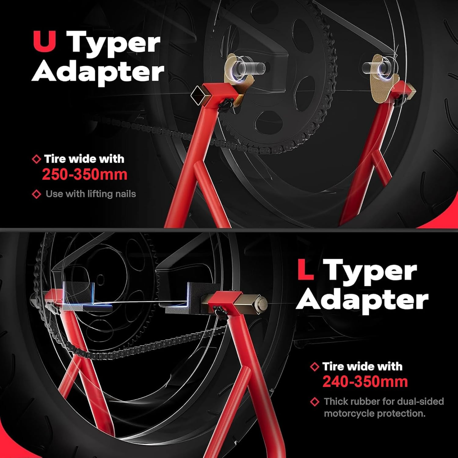 Motorcycle Stand Lift,500Kg Heavy-Duty Motorcycle Front Rear Combo Wheel Lift Stand U+L, Sport Bike Motorcycle Wheel Fork Stand with Adjustable Swing Arm Spool, for Most Motorcycles,Red image number 2