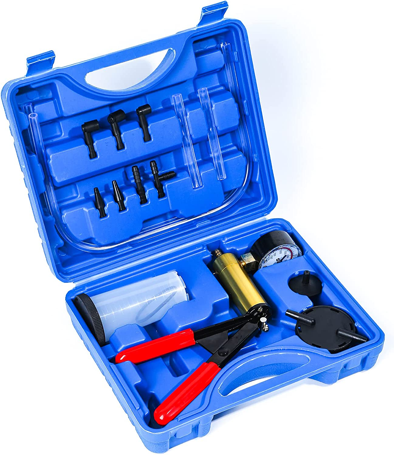 Yonligonju 2 in 1 Handheld Vacuum Pump Brake Bleeder Kit for Motorcycle 16 Pcs Brake System Bleeding Tools with Gauge Adapters Automotive Brake Fluid Bleeding Set for Bike Car Truck (Blue) image number 4