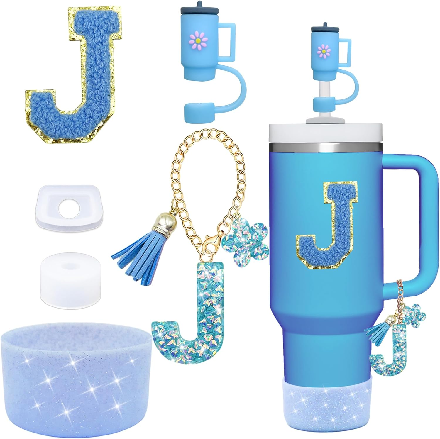 6PCS Cup Accessories Set for Stanley Cup 30Oz 40Oz Tumbler with Handle, Including Silicone Straw Topper Cover Cap and Boot, Spill Proof Stopper, Handle Charm, Initials Sticker(Blue J)