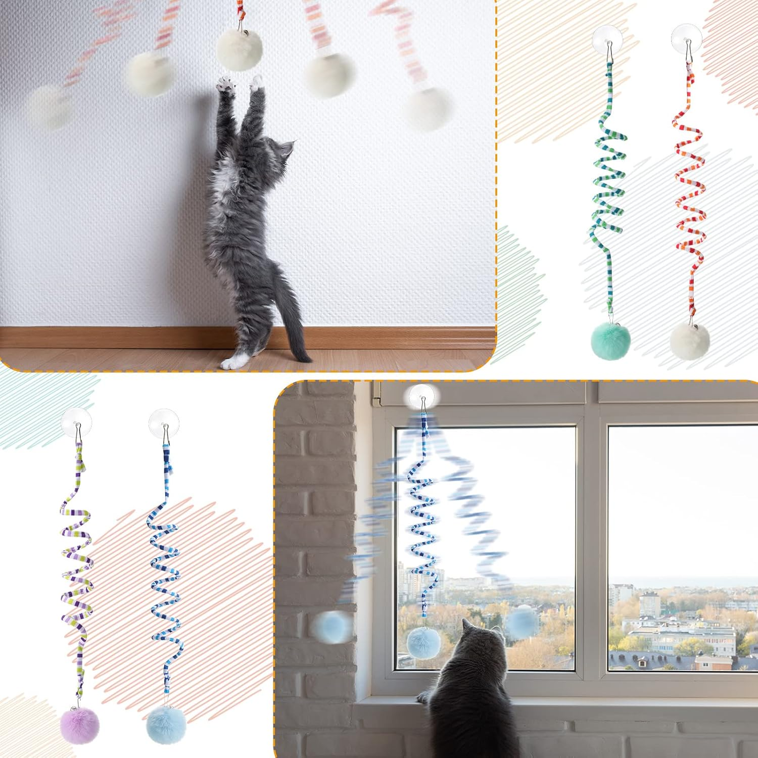 4 Pcs Cat Spring Toys Hanging Door Interactive Cat Toys with Bell Long Tail Stretchable Soft Plush Teaser Ball for Kitten Chase Play and Kill Time, Gradient image number 1