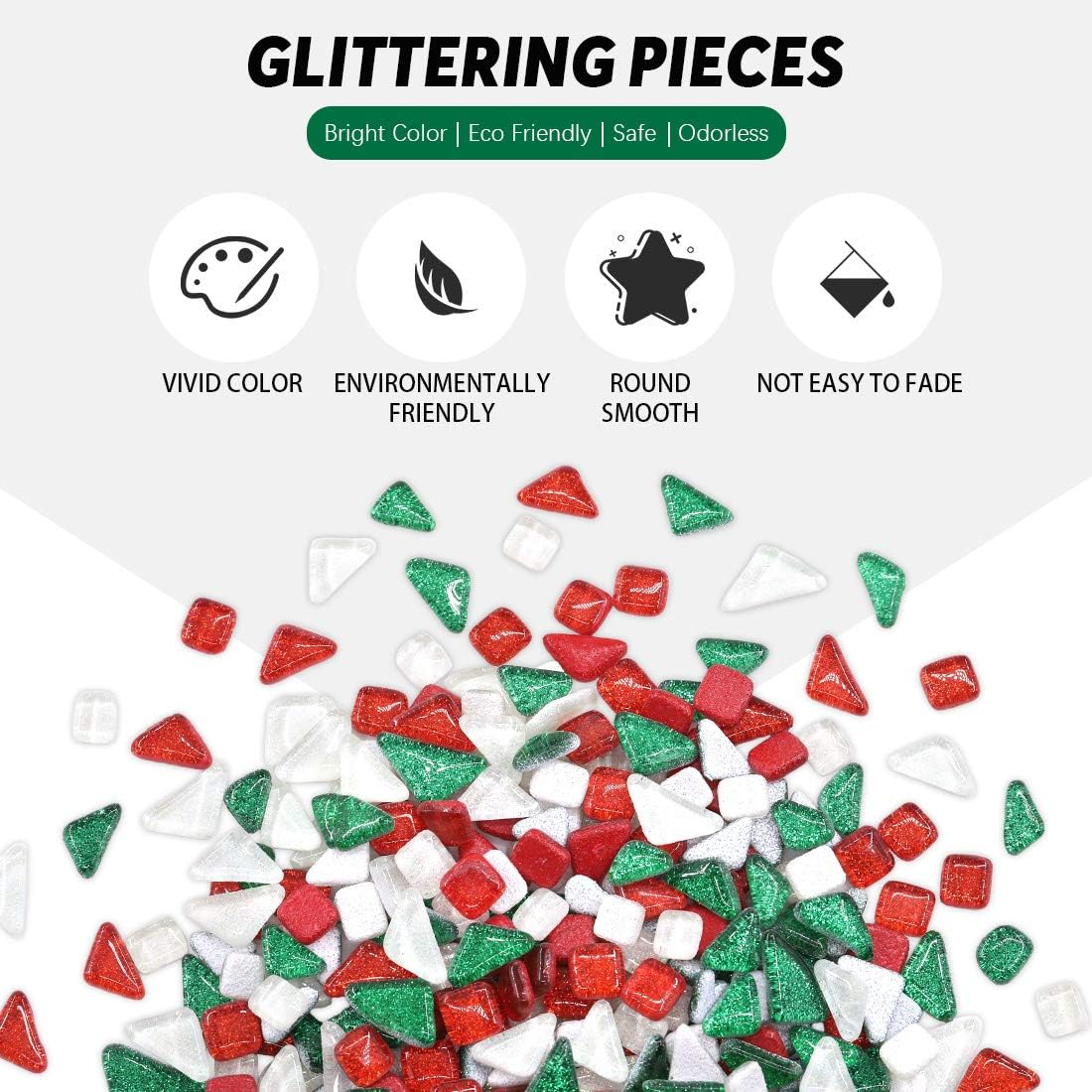 Hilitchi 1Lb 3 Colors Mosaic Tiles Assorted Stained Glass Mosaic Tile Glass Pieces Arts and Crafts Gifts, Ideal for Handmade Gift Mosaic Candle Holder- Red Green White Mosaic Tile - Glittery Mixed Color-E image number 4