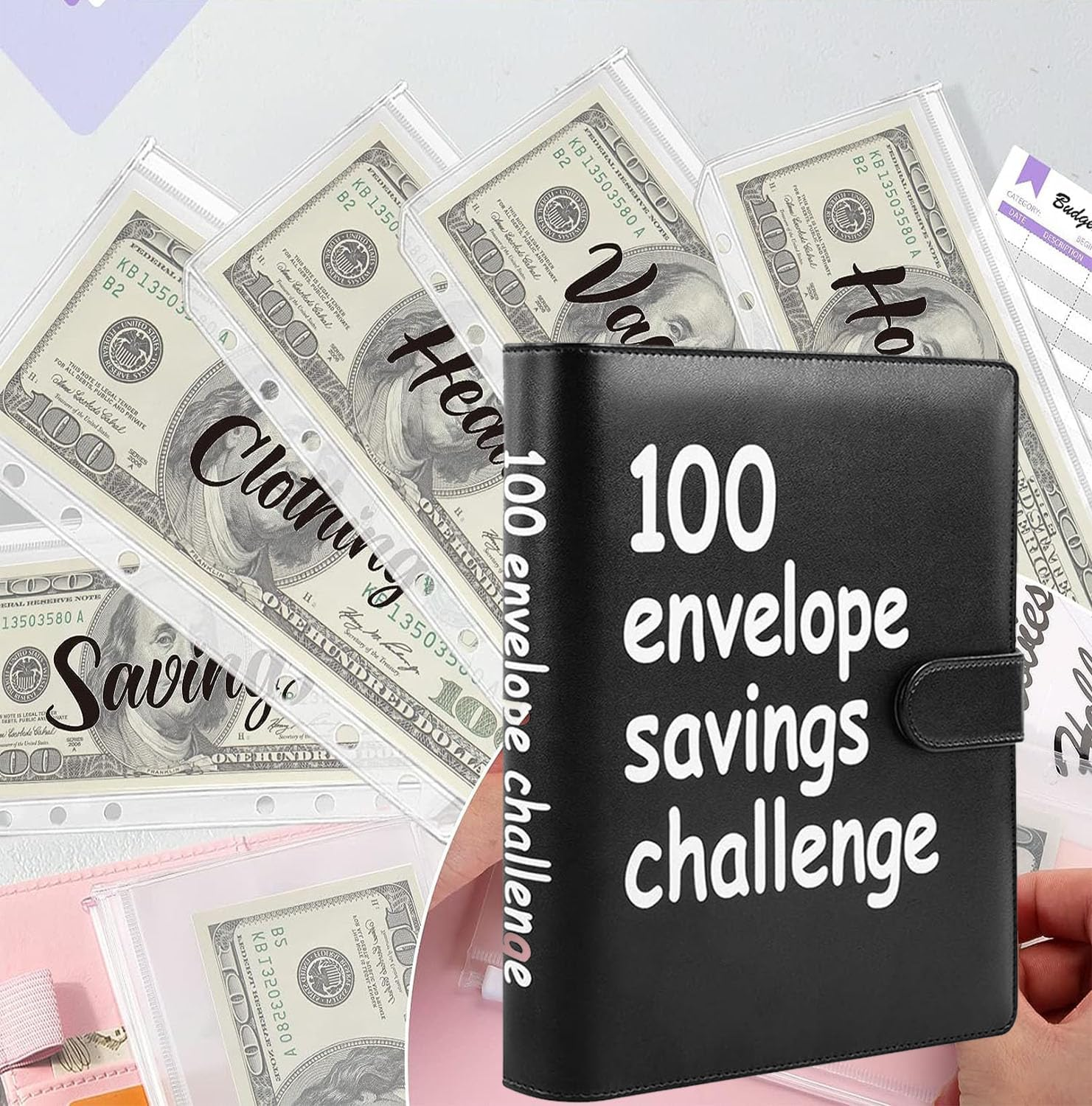 100 Envelopes Money Saving Challenge, 100 Envelope Challenge Binder, Easy and Fun Way to save $5,050, Savings Challenges Budget Book Binder with Cash Envelopes for Office,Home,School (Black) image number 5