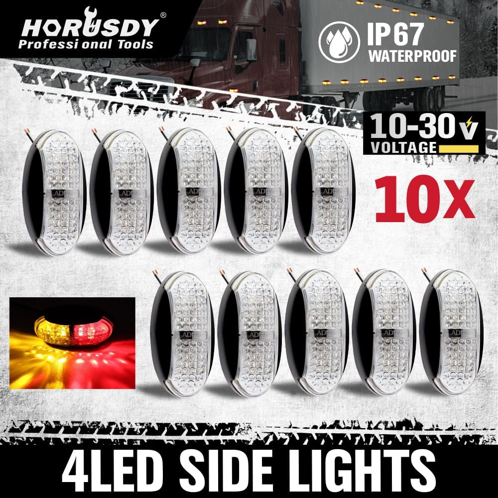 HORUSDY 10-Pack Side Marker Lights Kit - IP67 Waterproof 4-LED Clearance Lights, 10-30V Voltage, Two-Color (Amber & Red) for Trucks, Trailers, Rvs image number 1