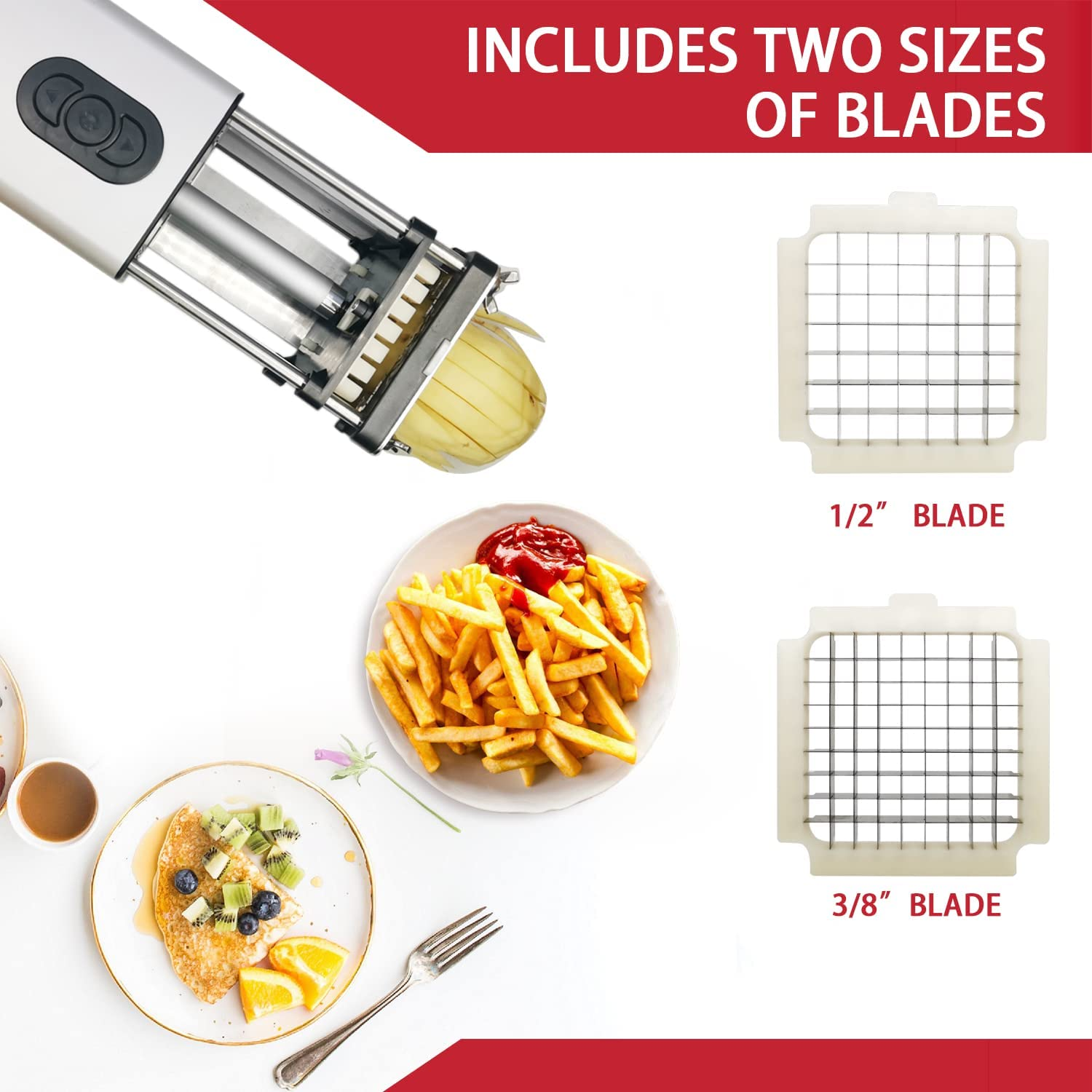 Electric French Fry Cutter, French Fry Cutter Stainless Steel with 1/2 & 3/8 Inch Blade, Vegetable Cutter, Professional Commercial and Household Potato Slicer, Use for Potatoes, Carrots, Apples image number 1