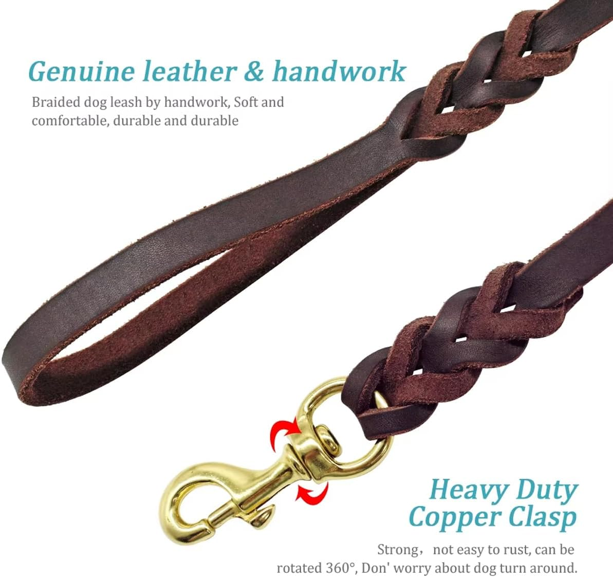 AIMALL 59" Genuine Full-Grain Cowhide Dog Leash - Handwoven Leather Pet Lead with 360&deg; Rotating Brass Hook, Heavy Duty Traction Rope for All Dog Breeds image number 6