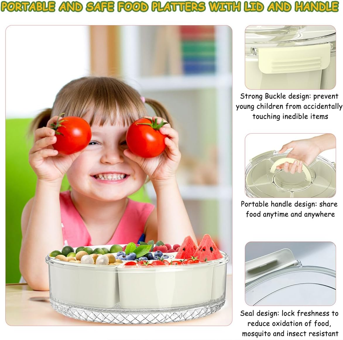 Giecy Snack Box with Airtight Lid & Handle - Divided Serving Tray Rotatable Snack Container for Home Kitchen Outdoor Travel Foods, Fruits, Candies, Nuts, Spices - 6 Compartments image number 3