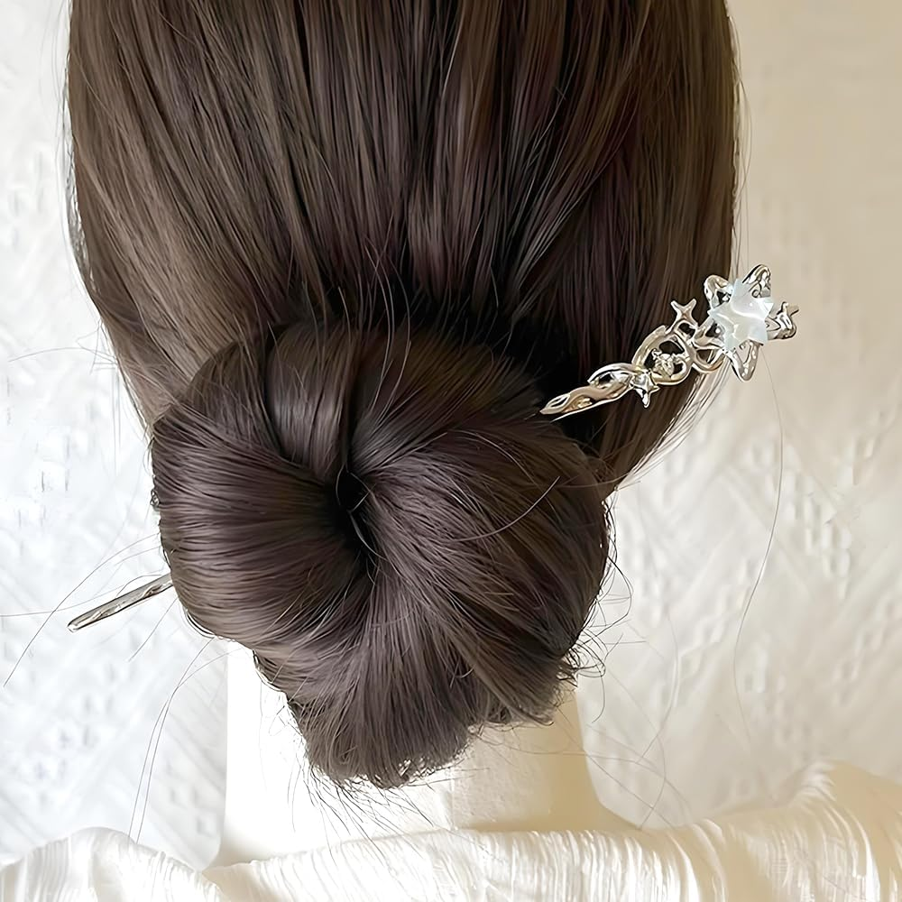 2Pcs Star Moon Hair Sticks for Buns Long Hair Metal Silver Hair Stick Pin Hair Chopsticks for Women Chinese Hairpin Hair Pin Vintage Hair Pins Hair Chopstick Hairstick Hair Accessories for Gifts image number 4