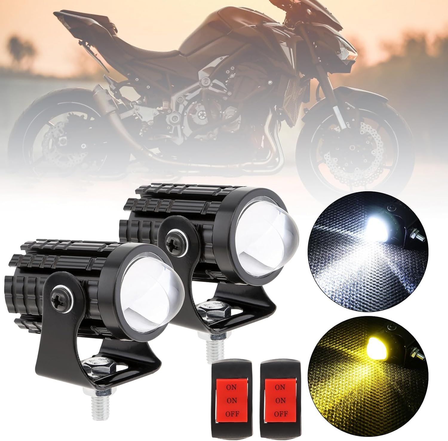 Windance 2Pcs 32W LED Motorcycle Headlight with Switch, Yellow White Dual Color Hi/Lo Beam for Motorcycle, 2400LM 3000K 6000K Crash Bar Front Fork Spotlight image number 2