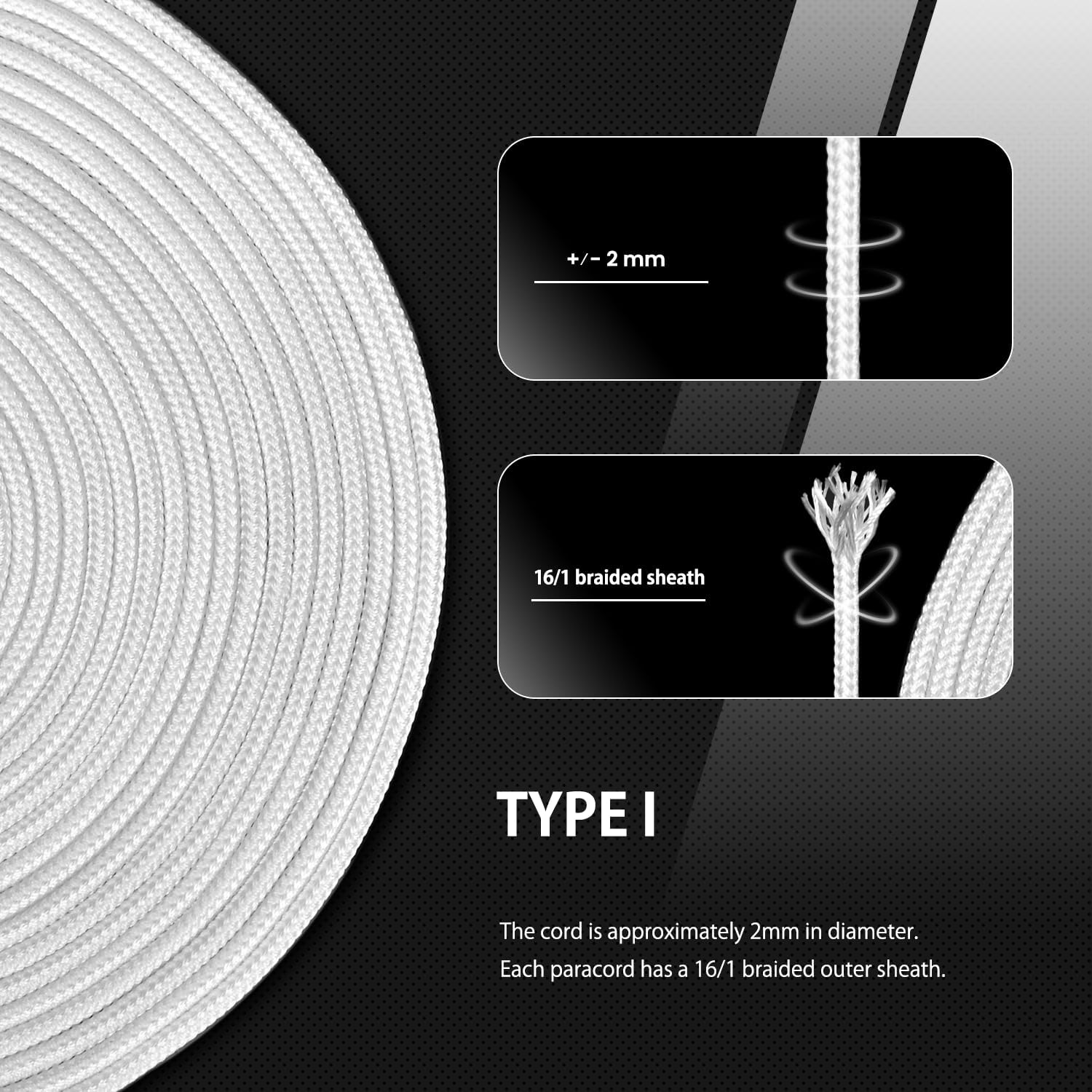 Abma Cord Paracord 2Mm 30M 100% Nylon Rope 1 Strand Type I Parachute Cord - Max. 45Kg (100Lbs) - White - Golden Yellow image number 4