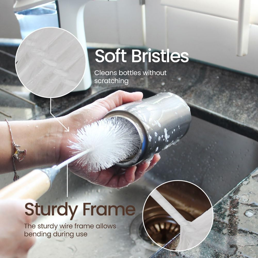 Eco Basics Sustainable Cleaning Brush Set of 6| Dish Brush, Pot Brush, Bathroom Brush, Window Squeegee, Bottle Brush & Vegetable Brush | FSC Bamboo & Ocean-Bound Recycled Plastic Tools image number 2