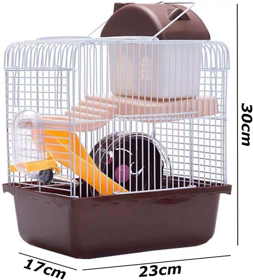 TOMVAES Hamster Cage, 2 Floors, Portable Travel Cage, Large Hamster Hutch, Castle Style, Interactive House, for Hamsters, Golden Polar Bear, Coffee and White, 23X17X30 Cm, PP, Wire