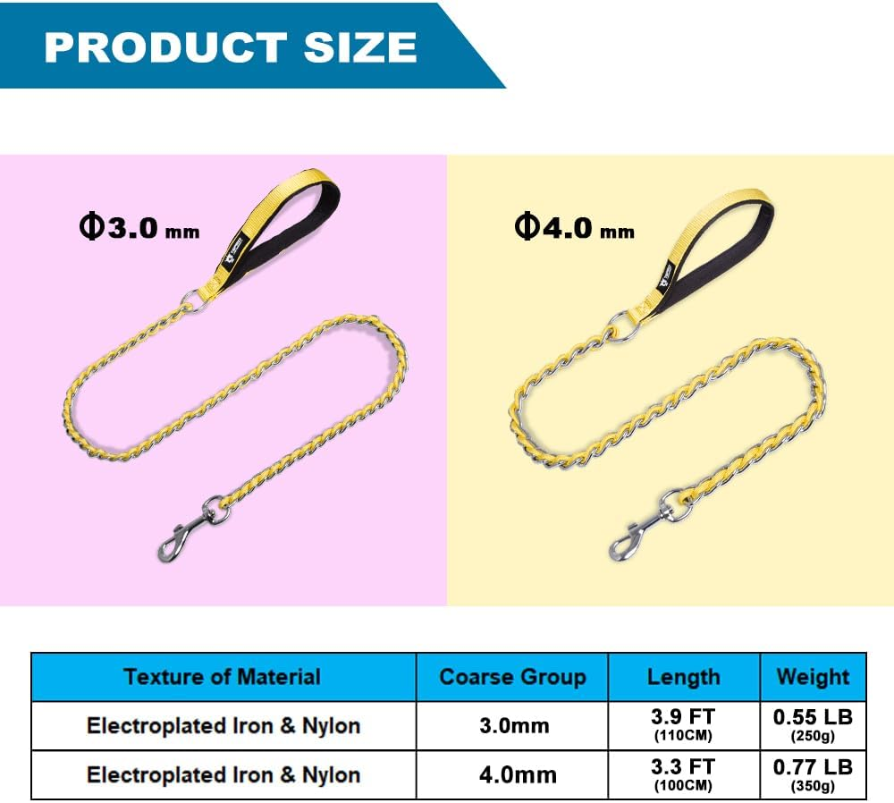 TSPRO Chew Proof Dog Leash Stainless Steel Dog Leash Metal Chain Training Dog Leash with Soft Handle for Medium Large Dog(4Mm,Yellow) image number 6
