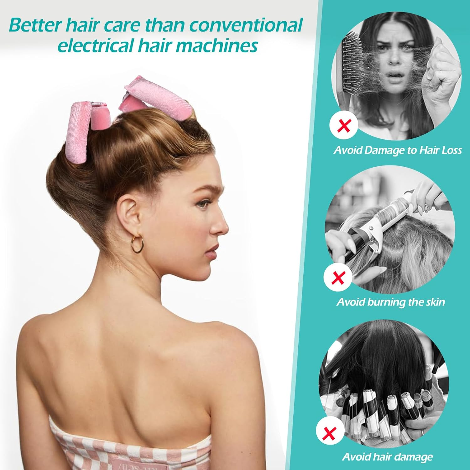 6PCS Heatless Hair Curlers, Geeric Satin Heatless Curling Hair Scarf+Shower Cap Set, High Resilience Sponge Soft Easy DIY Hairstyles Comfortable Hair Rollers for Overnight Curls Long/Short Hair Pink