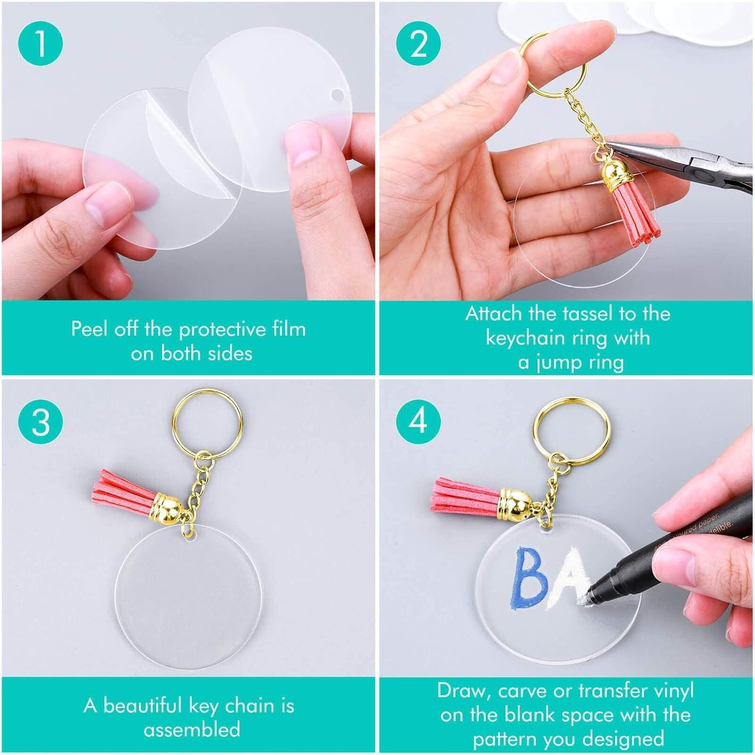 120Pcs Acrylic Keychain Blanks, Craft Tassels Keychain, Bulk Acrylic Keychain for Craft Set with Acrylic Blanks, Key Rings, Tassels and Jump Rings, DIY Keychain Supplies image number 3