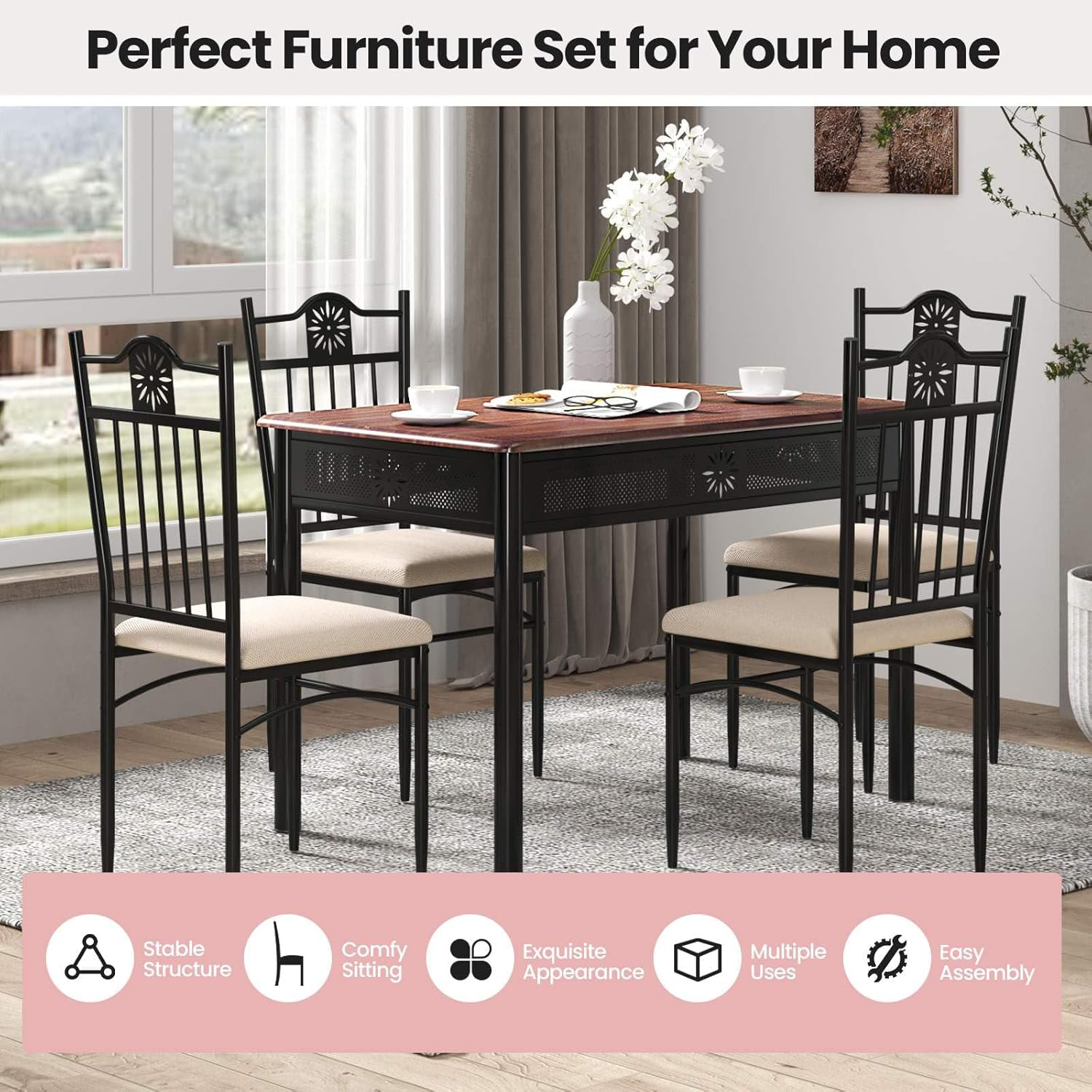 Costway 5 Pieces Dining Table Set, Modern Kitchen Table Set for 4 Person, Rectangular Table W/ 4 Upholstered Chairs, Bistro Table Set for Home, Coffee Shop & Restaurant (Coffee) image number 3