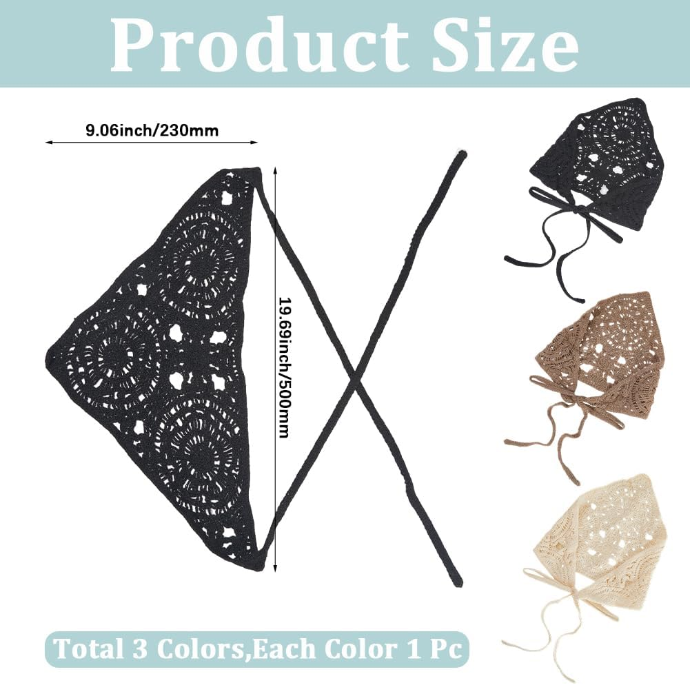 CABODYALS 3Pcs 3 Colours Crochet Bandanas Headbands Beige Black Gray Vintage Knitted Head Hair Scarf Knit Lace Floral Hollow Triangle Headscarf for Women Bridal Wedding Styling Dress Party Accessories image number 4