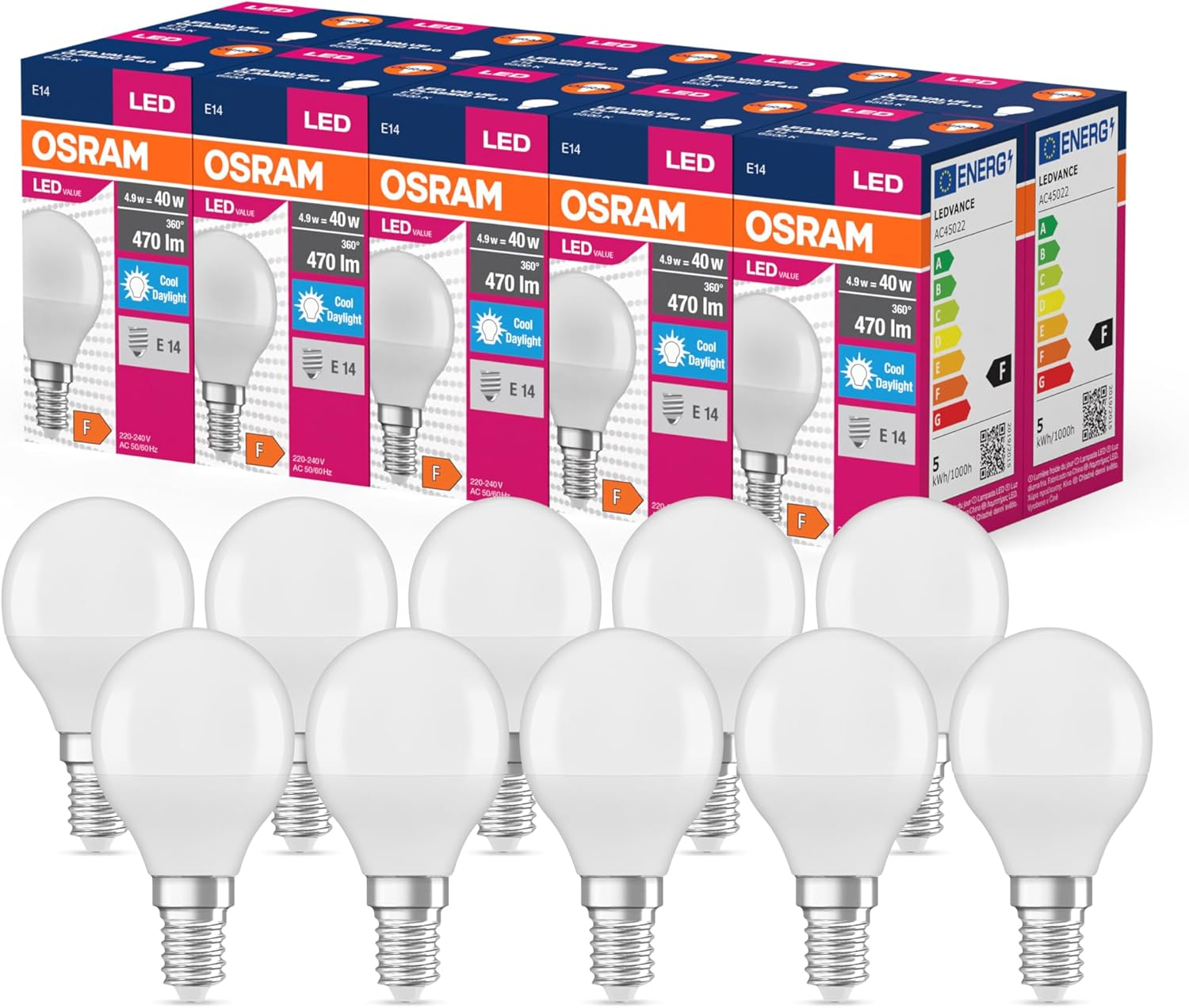 Osram LED Star Value Classic P40 LED Bulb for E14 Socket, Teardrop Shape, FR, 470 Lumens, Daylight White (6500 K), Replacement for Conventional 40 W Bulbs, Non-Dimmable, Pack of 10