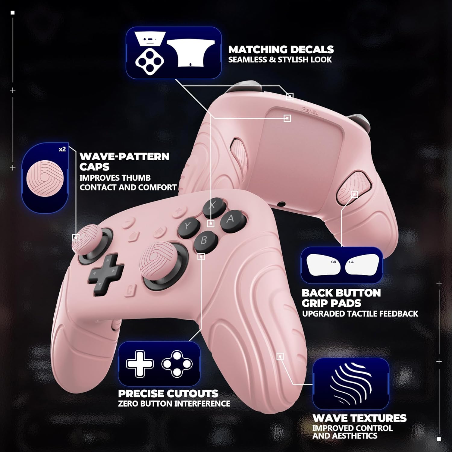 Playvital for Nintendo Switch 2 Pro Controller Silicone Cover &ndash; Samurai Edition Protective Skin Case for Switch 2 Pro Controller with Back Button Caps & Thumb Grips & Stickers - Cherry Blossoms Pink image number 5