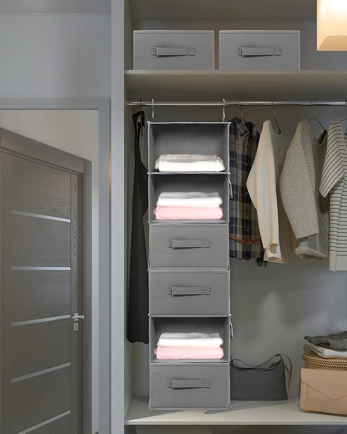 AVITONG 6-Shelf Hanging Closet Organizer, 2 Separable 3-Shelf Hanging Shelves with 3 Drawers for Wardrobe, Nursery, RV Storage, Baby Clothes Organization and Storage