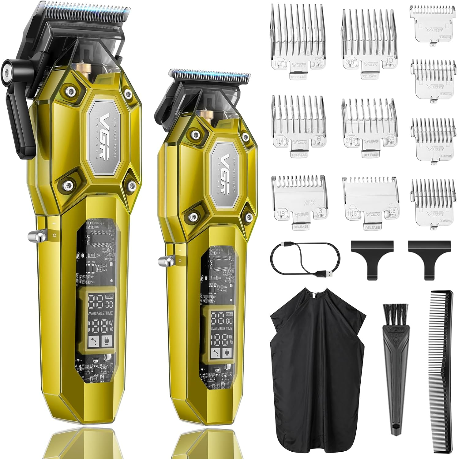 VGR Professional Hair Clippers for Men, Cordless Barber Clippers and Trimmers Set, Mens Hair Cutting Kit with 10 Guide Combs, USB Rechargeable Haircut Machine for Family, LED Display, Gold