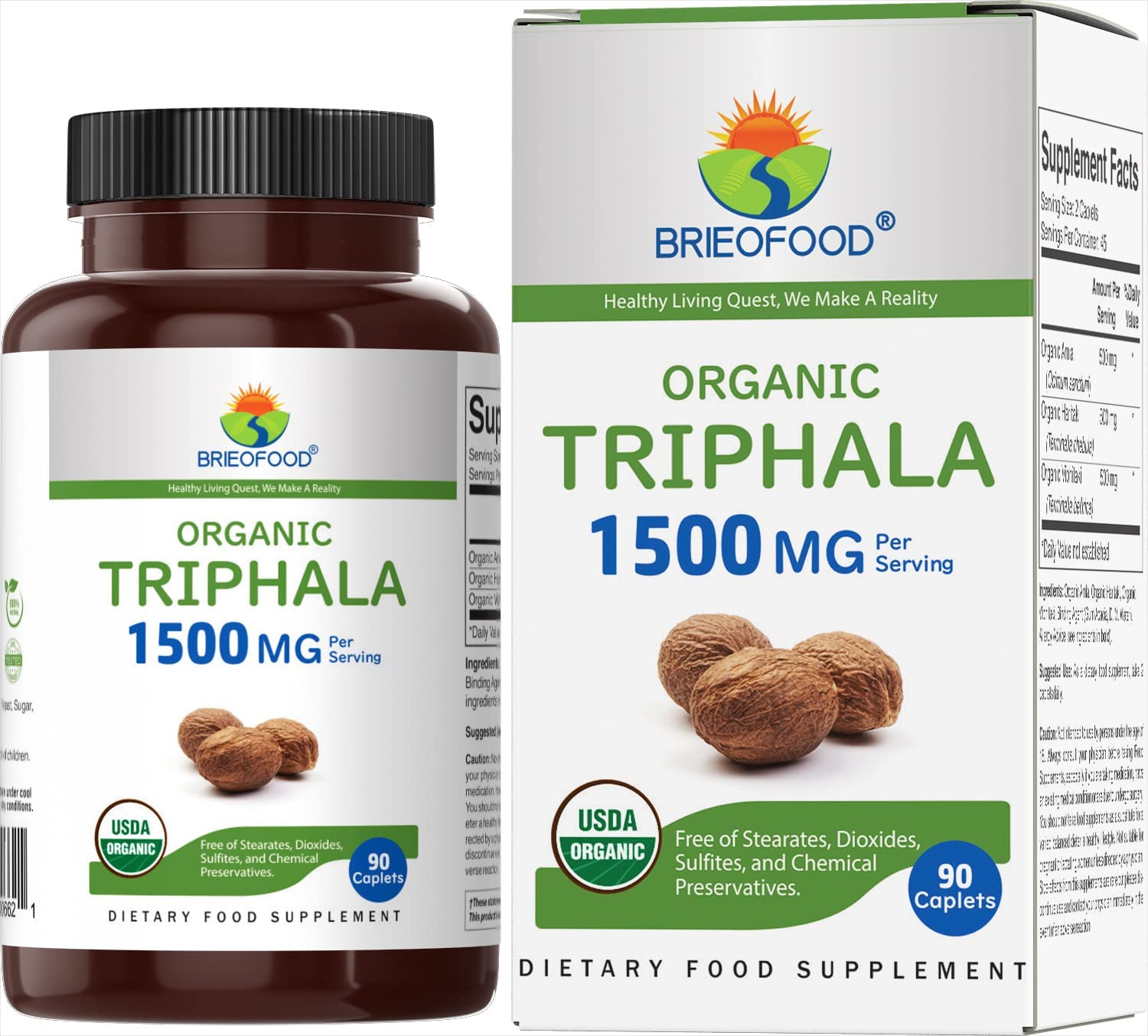 Brieofood Organic Triphala 1500Mg, 45 Servings, Vegetarian, Gluten Free, 90 Vegetarian Tablets image number 1