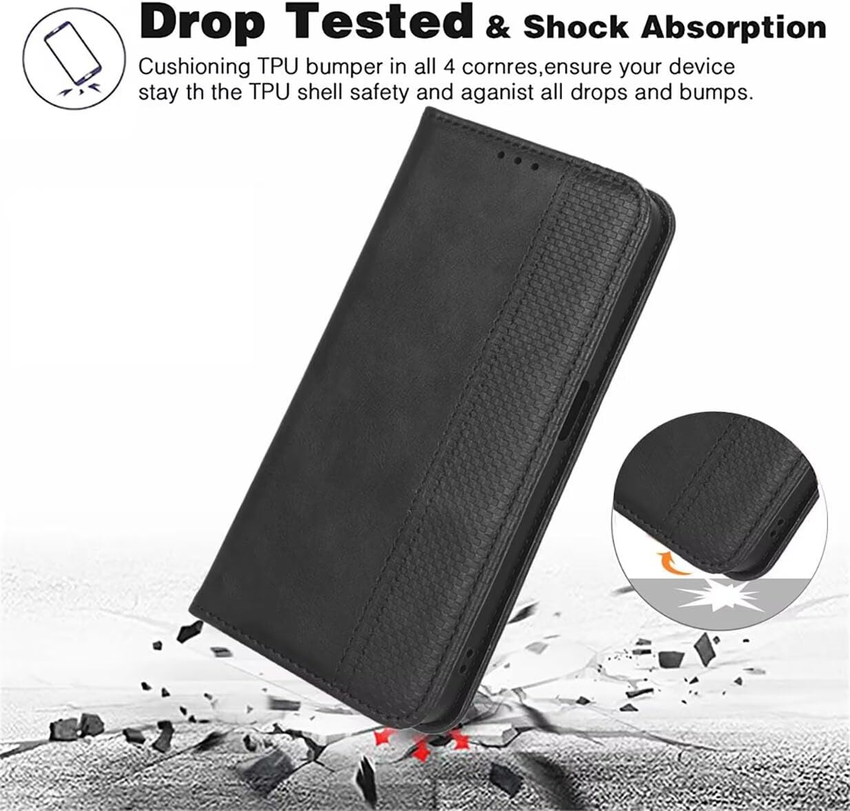 UPLAI Wallet Case for Samsung Galaxy Z Flip7, Slim Shockproof Leather Mobile Phone Case with Stand Function, Folio Magnetic Closure Protective Case, Stylish Cover, Black image number 2