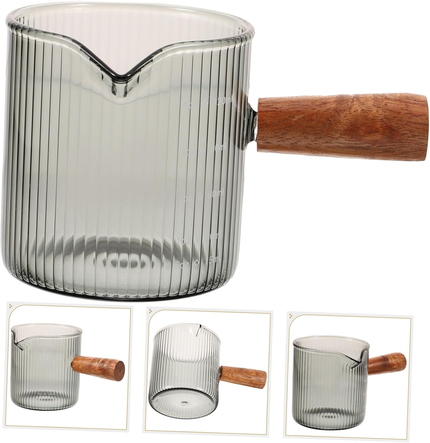 OFFSCH Heat-Resistant Espresso Glass Milk Pourer with Comfortable Wooden Handle Mini Measuring Cup for Coffee Latte Tea and Hot Brewing Easy-Pour Spout for Home and Travel Use