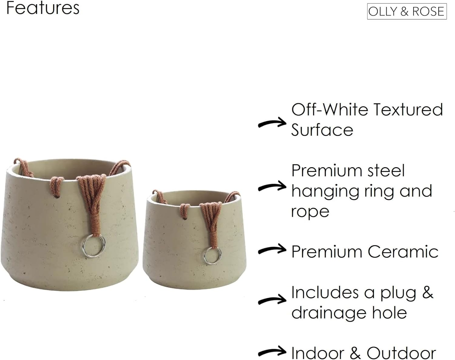 Copenhagen off White Ceramic Hanging Plant Pot Set of 2 - Includes Hanging Rope - Ceramic Cement Hanging Planters for Indoor & Outdoors - Textured Effect - Large & Medium Plant Pots&hellip; image number 1