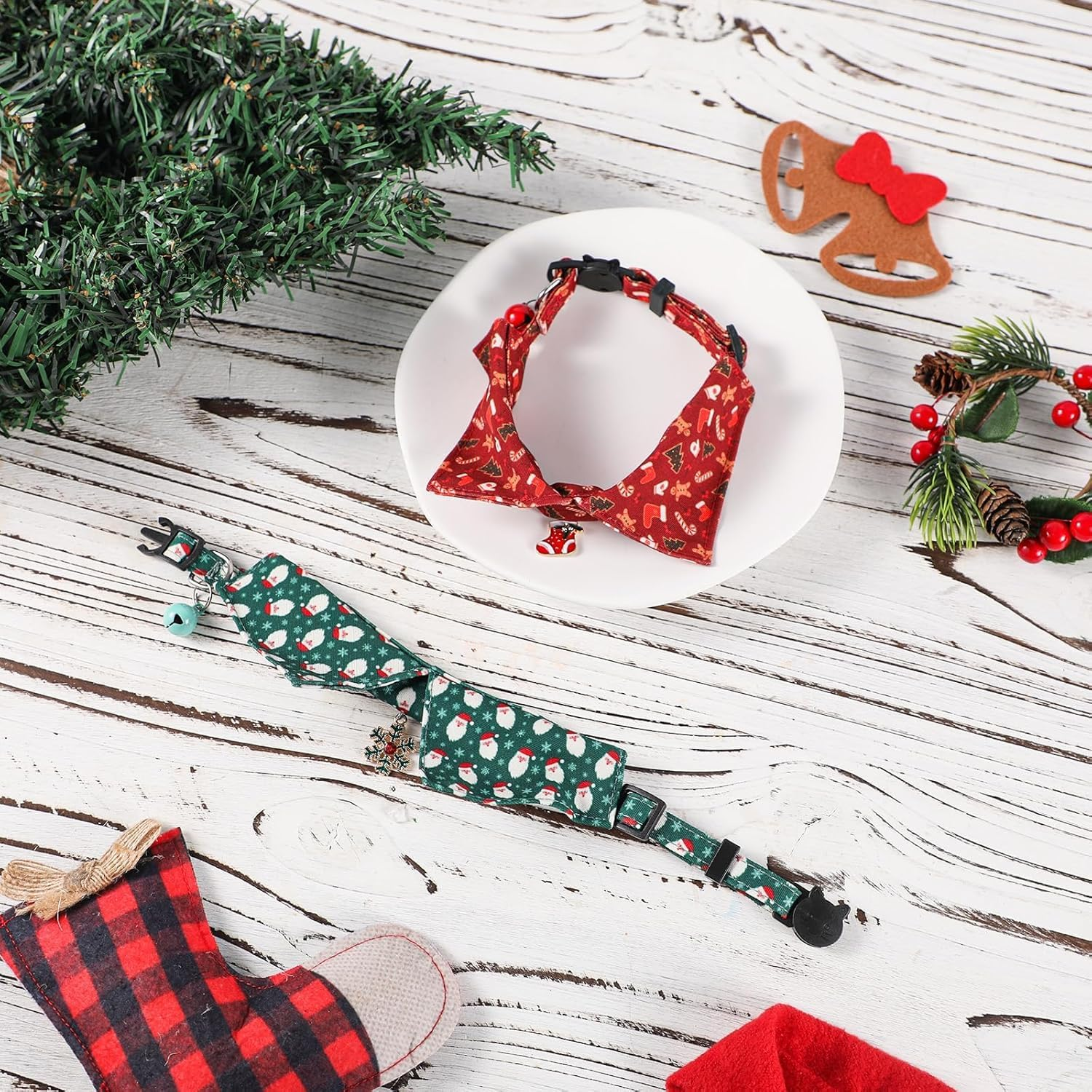 2Pcs Christmas Kitten Collars, Christmas Cat Collar Breakaway Cat Collars Santa Candy Snowflake Red Green Cat Collars Cute Holiday Cats Collar Xmas Accessories for Pets (Green, Red, 1Cm*（18~28Cm）) image number 2