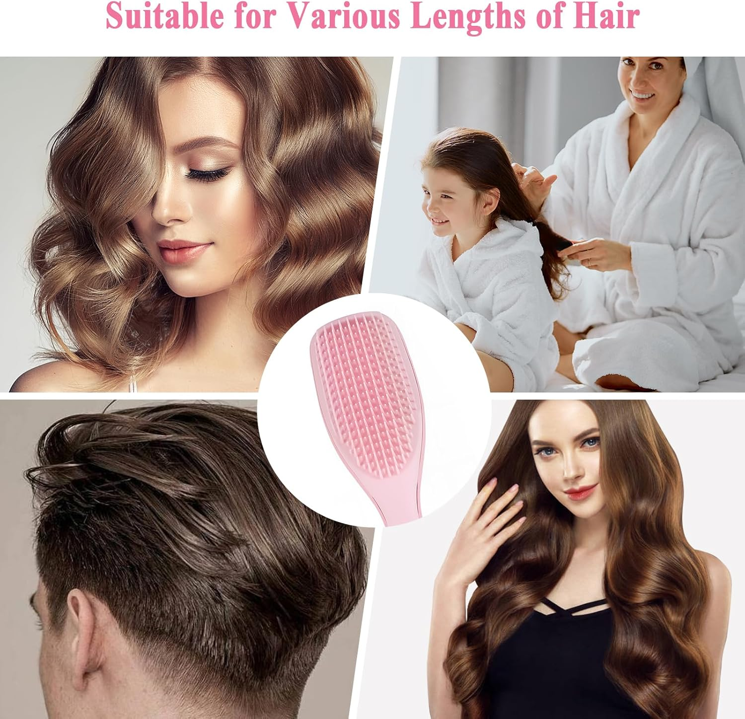 Hair Brush Wet Detangler Hairbrush Curly Hair Brush Defining, Volume Brush for Curly Hair, Detangling Hair Brush Gentle on Wet Hair Two-Tiered Teeth Comfortable Handle Hair Brush for Girl Women(Pink) image number 3