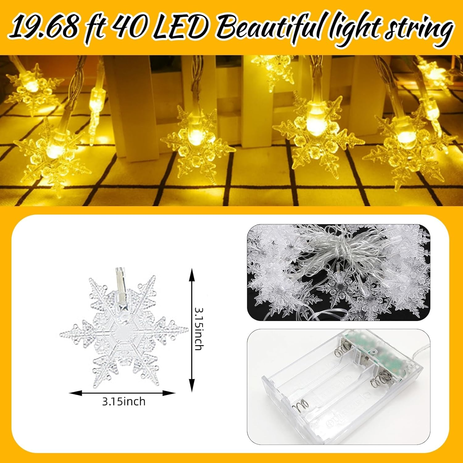 8 Cm Snowflake Fairy Lights Outdoor, 6 M 40 LED Light Curtain, Christmas Window, LED Fairy Lights, Battery Operated, LED Decorative Fairy Lights for Outdoor Indoor Lighting Outdoors, Bedroom image number 5