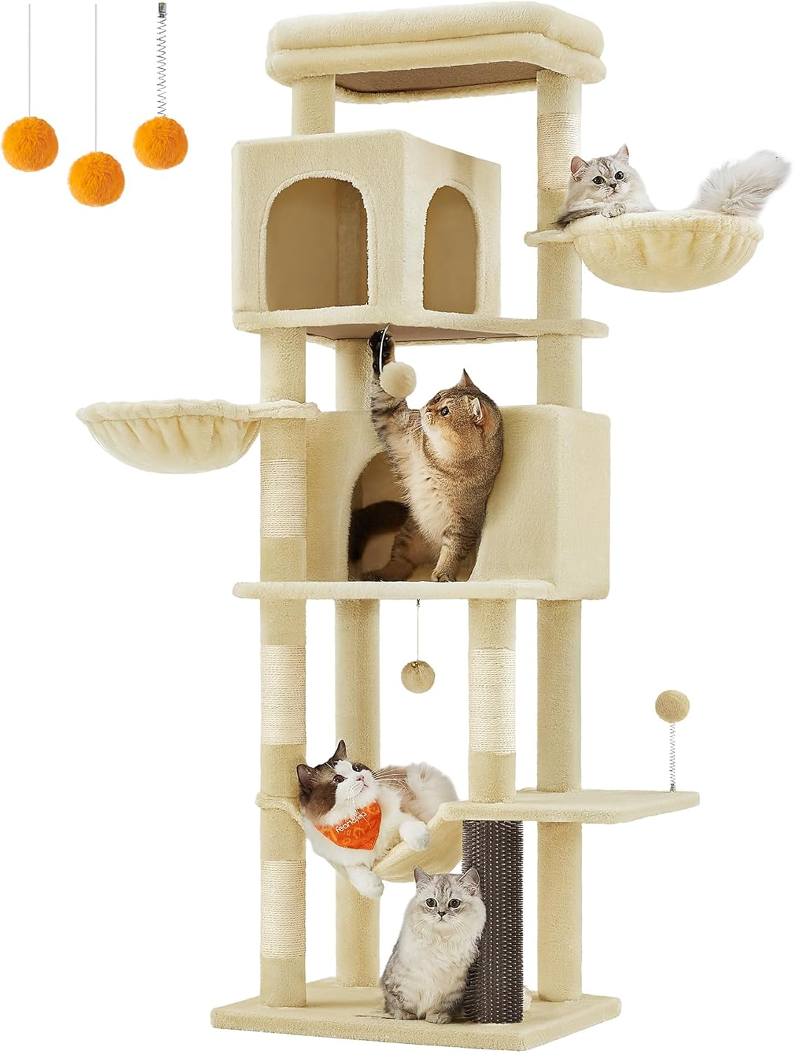 Feandrea Cat Tree, 69-Inch Tall Cat Tower for Indoor Cats, Multi-Level Cat Condo with 2 Caves, 2 Baskets, 5 Scratching Posts, Self-Groomer, Perch, Hammock, Dove Gray UPCT182G01