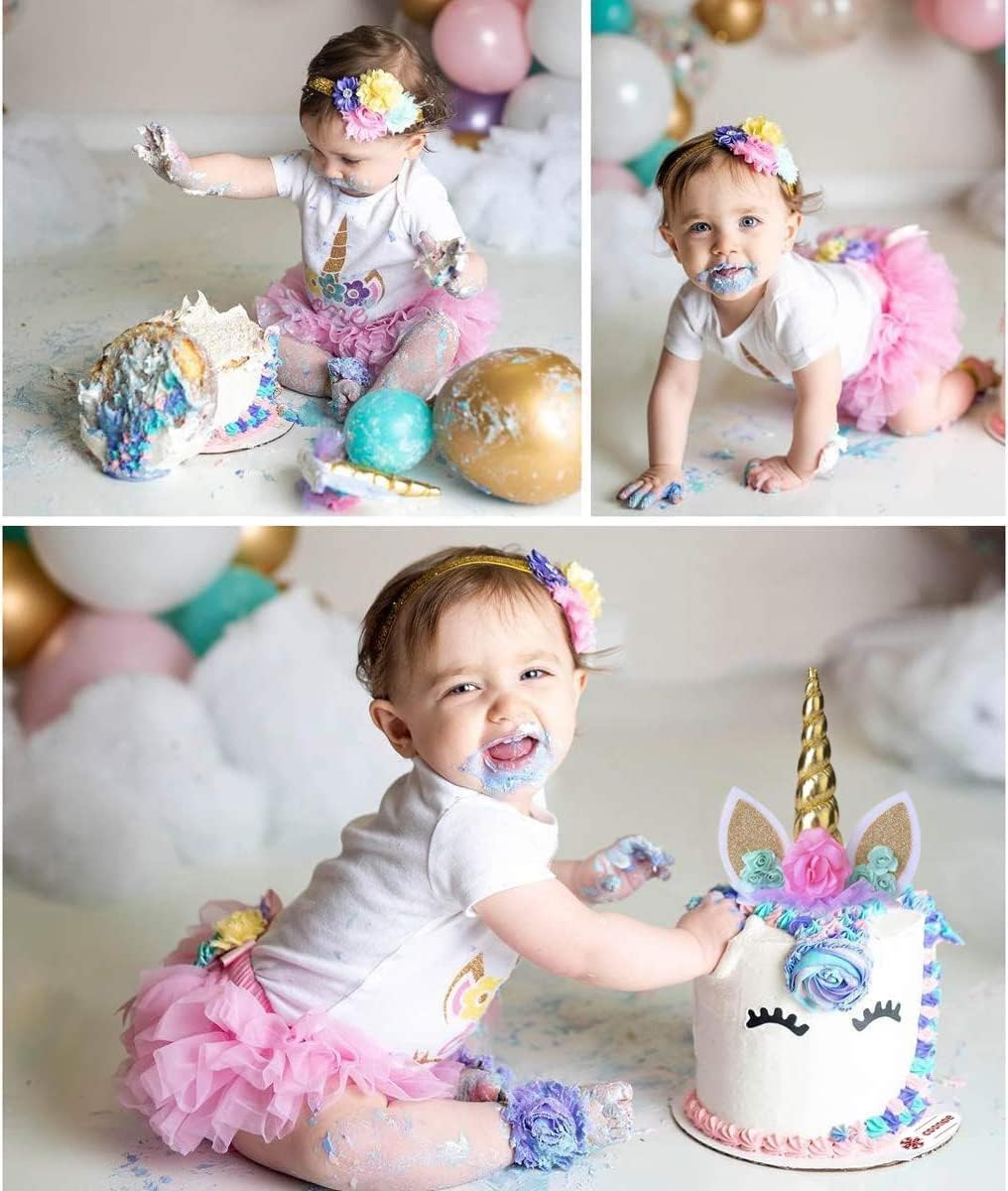 Unicorn Cake Topper Handmade Rainbow Horn Unicorn Cake Topper Unicorn Happy Birthday Party Decoration Supplies Magic Reusable Cake Topper with Eyelashes and Stack for Girls Kid Women, 5.8 Inch - Rainbow image number 5