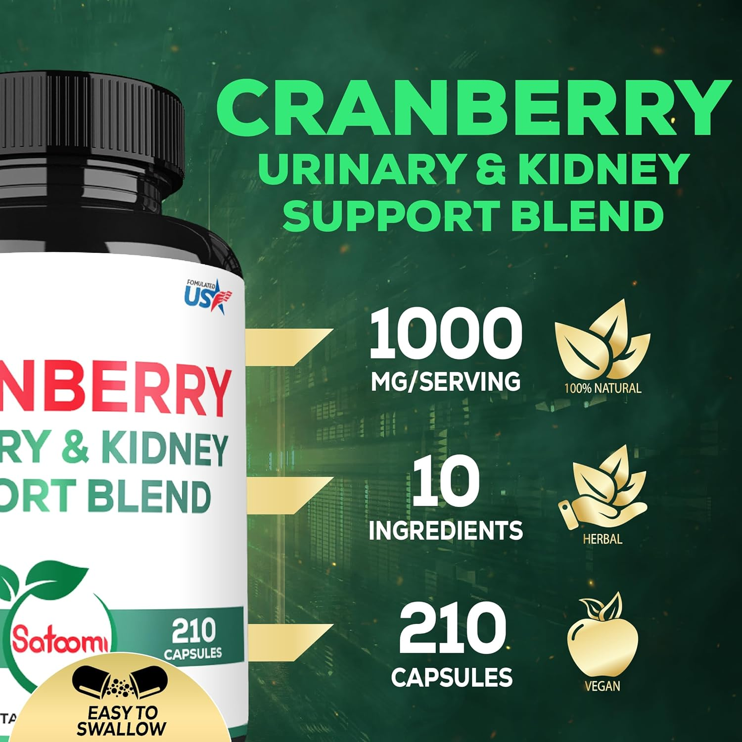 SATOOMI Extract Cranberry Pills for Women - with D-Mannose, Pine Bark, Uva Ursi Leaf & More - 210 Cranberry Capsules for 105 Servings image number 4