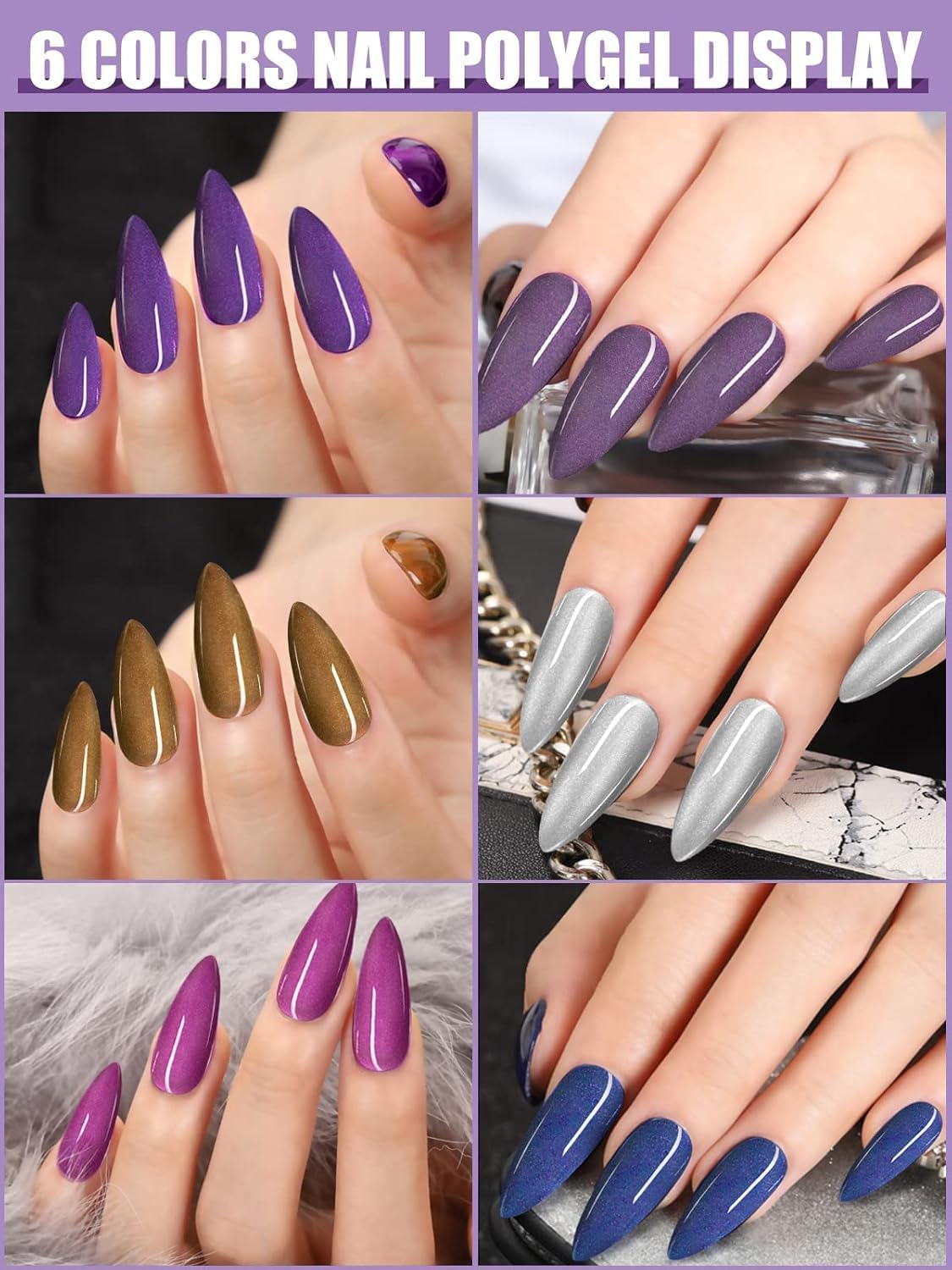 EBANKU 6 Color Poly Nails Extension Cat Eye Glitter Poly Gel Nail Kit - Purple, Silver, DIY Salon at Home