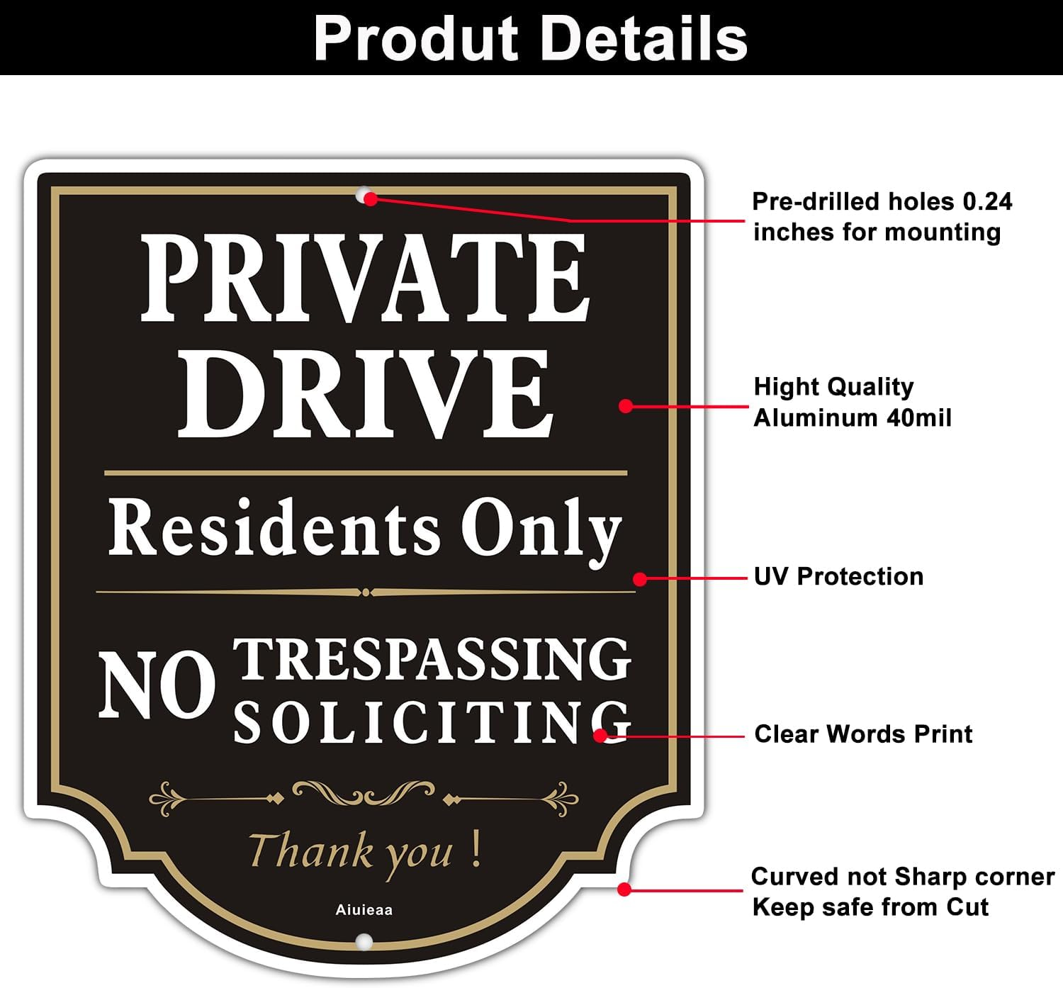 Private Drive No Trespassing Sign, Residents Only Sign, No Soliciting Aluminum Warning Signs, UV Protected and Weatherproof, Easy to Mount, Outdoor Use image number 6