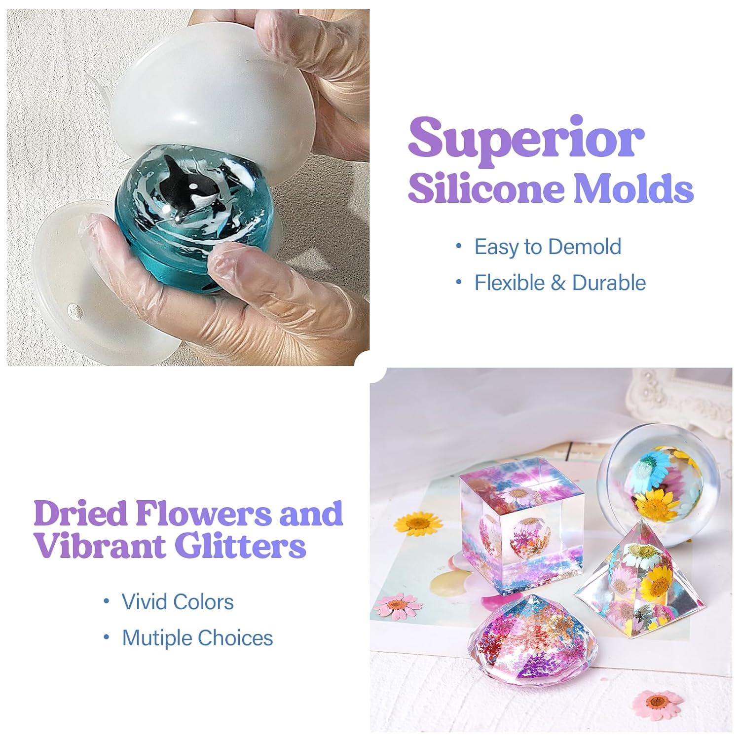 LET'S RESIN Epoxy Resin Kits for Beginners with Moulds, 500Ml Epoxy Resin Crystal Clear Kit with Sphere, Cube, Pyramid, Square, round Resin Moulds image number 3