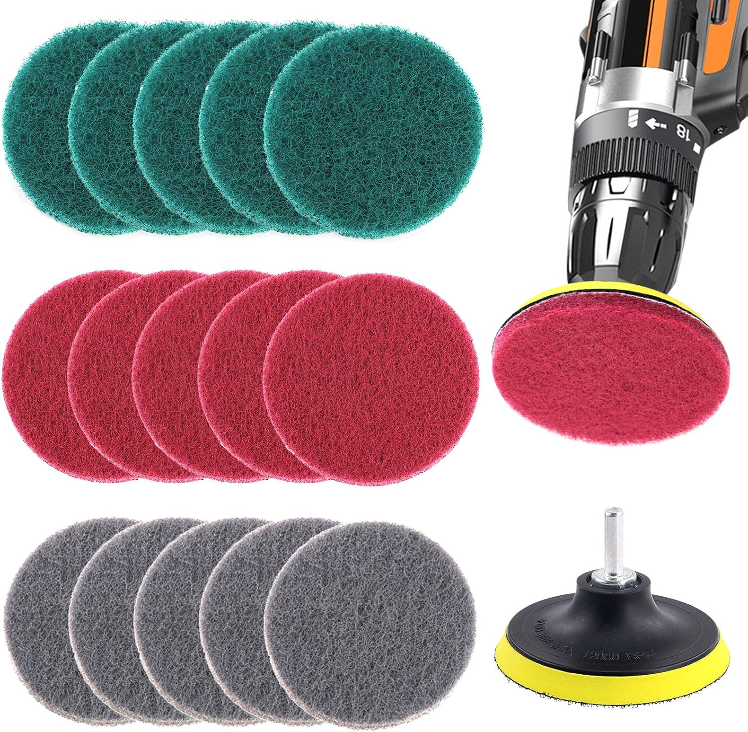 Glarks 16Pcs 4 Inch Drill Power Brush Tile Scrubber Scouring Pads Cleaning Kit with 4 Inch Disc Pad Holder for Bathroom & Kitchen Cleaning, 3 Different Stiffness (Red, Gray, Green) image number 5