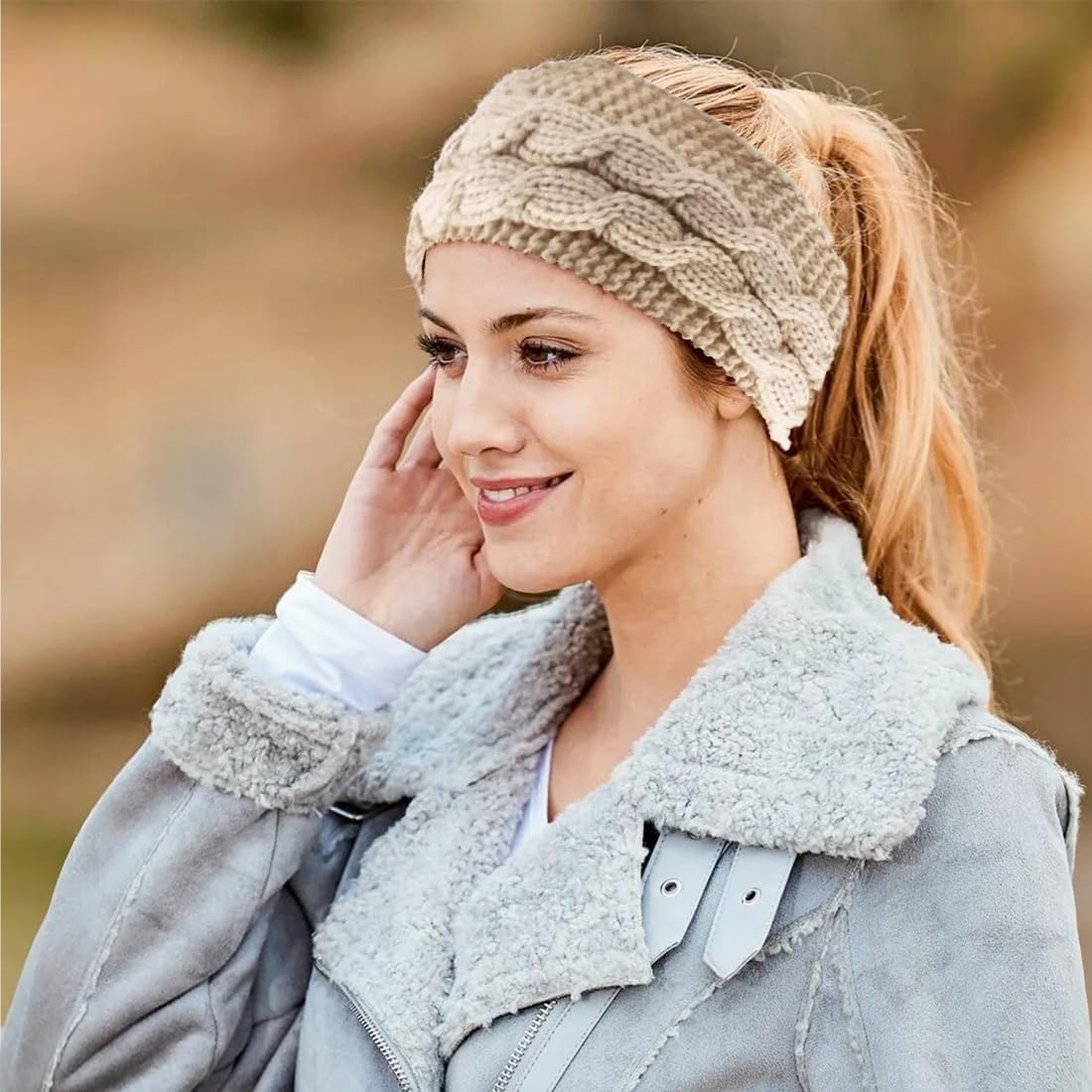 GGUFAY Women'S Winter Headband, Knitted Warm Headbands, Ear Warmers, Headband, Hair Band, Thick for Women and Girls, Elastic Crochet Thermal Headband (Khaki, Light Grey) image number 5